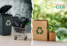 Greenwashing ed economia circolare: confronto tra rifiuti elettronici e consumi sostenibili con logo Generazione CER