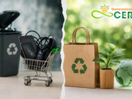 Greenwashing ed economia circolare: confronto tra rifiuti elettronici e consumi sostenibili con logo Generazione CER