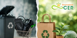 Greenwashing ed economia circolare: confronto tra rifiuti elettronici e consumi sostenibili con logo Generazione CER