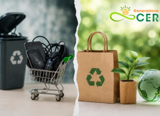 Greenwashing e obsolescenza: nuove regole per consumi più sostenibili Greenwashing ed economia circolare: confronto tra rifiuti elettronici e consumi sostenibili con logo Generazione CER