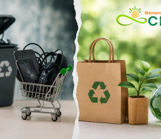 Greenwashing ed economia circolare: confronto tra rifiuti elettronici e consumi sostenibili con logo Generazione CER