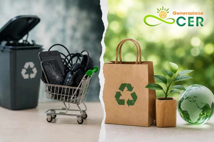 Greenwashing ed economia circolare: confronto tra rifiuti elettronici e consumi sostenibili con logo Generazione CER